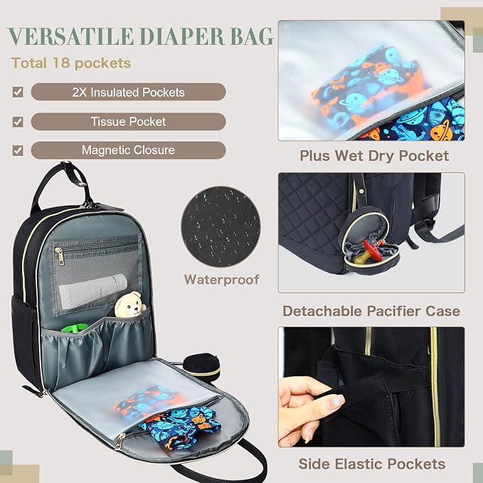 Diaper Bag Backpack Baby Bags with Changing Pad Large Newborn Maternity Bags,18 Pockets,Insulated Pockets,Stroller Straps,Black