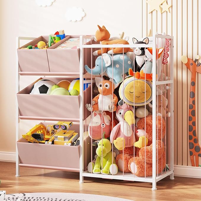 BBLIKE Stuffed Animal Storage - Kids Storage Organizer with 4 Removable Bins, Kids Storage Toy Shelf Organizer for Stuffed Animal Holder for Bedroom Playroom Nursery, Pink