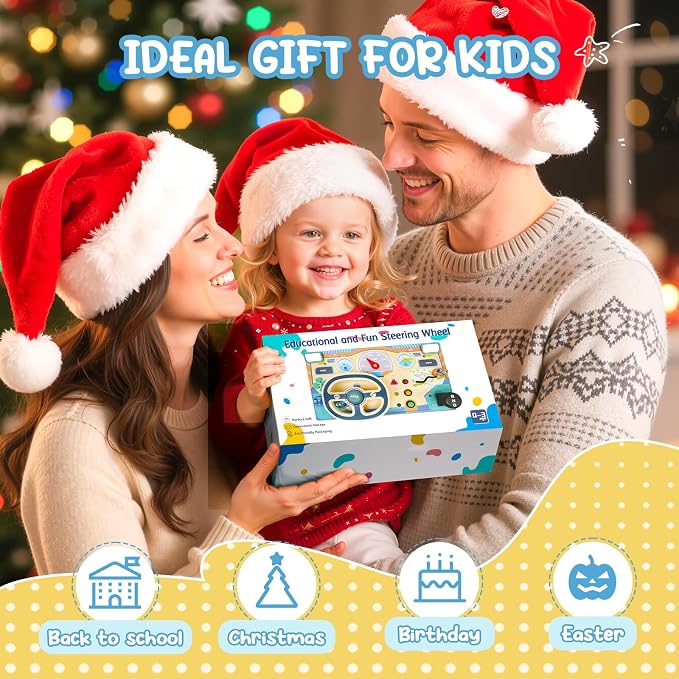 Busy Board Montessori Toys for 1 2 3 Year Old, Wooden Toddler Sensory Toy Busy Board with LED Lights Sound Switch, Toddlers Activity Travel Toy, Steering Wheel Toddler Toys Christmas Gift for Boy Girl
