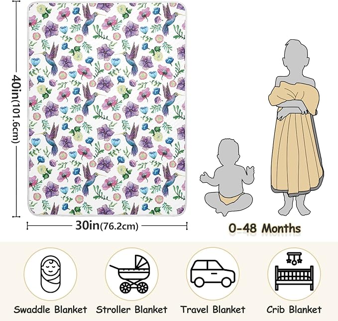 Ollabaky Floral Hummingbird Baby Blanket for Boys Girls, Cotton Toddler Newborn Swaddle Blanket for Stroller Crib Nursery Receiving Blanket Infant Unisex 30"x40"