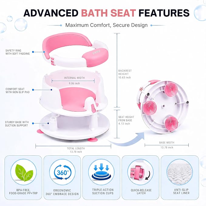 PMV Baby Bath Seat for Sitting Babies, Non-Slip Baby Bath Chair with 3 Suction Cups, Safe & Comfortable Toddler Bath Support Seat for Bath/Shower Use, Stable Design, Gray (6–24 Months) (Pink)