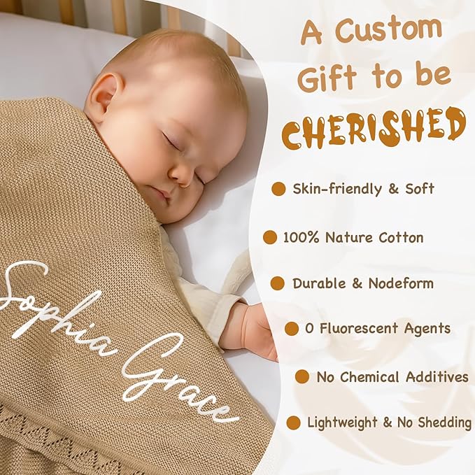 WNNNS Personalized Baby Blanket 100% Cotton Embroidered Name Knit Blanket Custom Baby Blanket for Boys Girls Customized Baby Gift for Christmas Baby Shower for Newborn Toddler Stroller Blanket