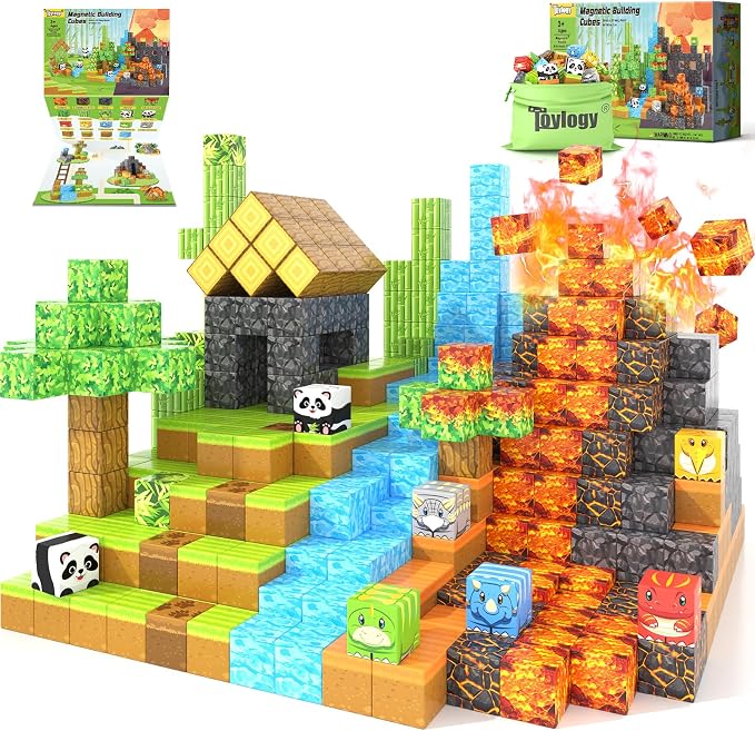 Magnetic Blocks-Build Mine Magnet World Dinosaur Panda Toys Kids Games, Toddler STEM Educational Sensory Dino Toys for Kids 3-5 5-7, Birthday Gifts for 3 4 5 6 7 8 Year Old Boys and Girls