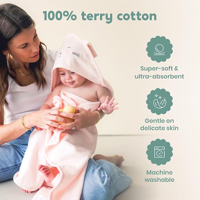 CuddleBug Hooded Baby Bath Towel & Washcloth Set (Bear) - 100% Cotton Terrycloth Hooded Baby Towels for Newborn & Toddler - Super-Soft & Absorbent, Newborn Essentials (33" x 33") - Blush Pink
