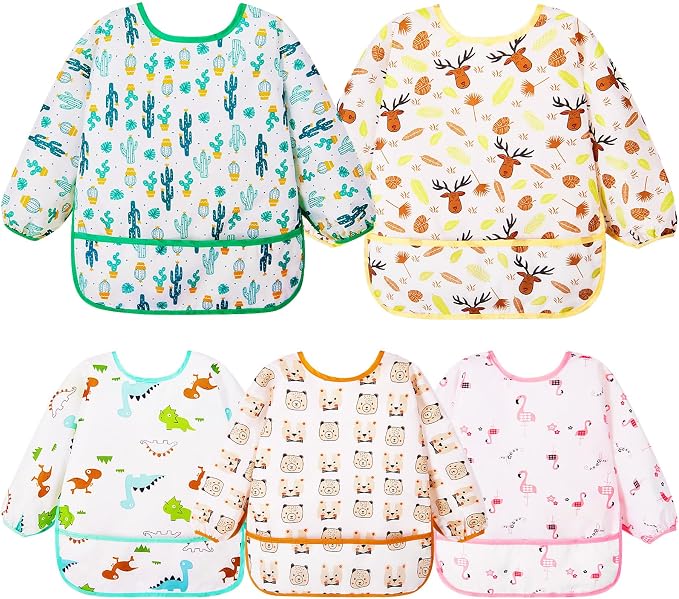 Lictin Long Sleeve Bibs 5 Pack - Baby Bibs for Girl or Boy, Reusable Infant for Feeding Teething or Weaning