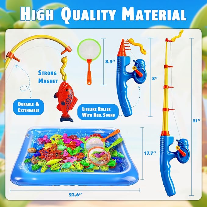 CozyBomB??Magnetic Fishing Toys Game Set for Kids | Water Table Bathtub Kiddie Pool Party Pole Rod Net, Outdoor Plastic Floating Fish, Toddler Bath Color Ocean Sea Animals Birthday Gift Age 3-5 6 4-8