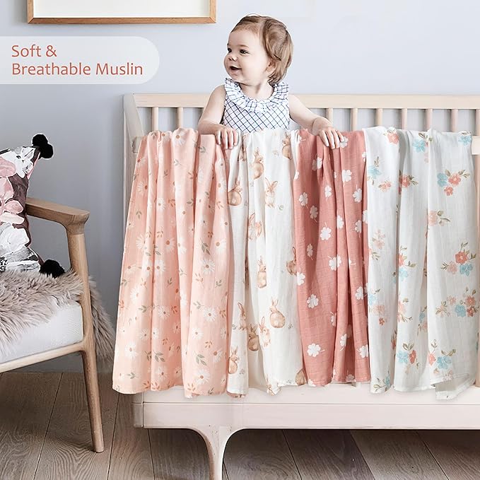 Muslin Swaddle Blankets for Newborn, 4 Pack Large 47"x47" Soft Breathable Bamboo Cotton Baby Blanket, Lightweight Receiving Blanket for Boys and Girls, Spring Bunny Garden