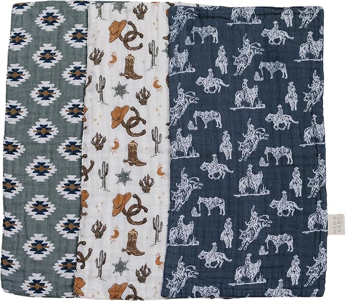 Mebie Baby Burp Cloths, Outlaw Cowboy, Muslin Burp Cloth Set for Spit Up, Drool, and More, Boho Burp Cloths for Baby Boy and Girl, Baby Must Haves for Registry Lists and Gifts for Newborns