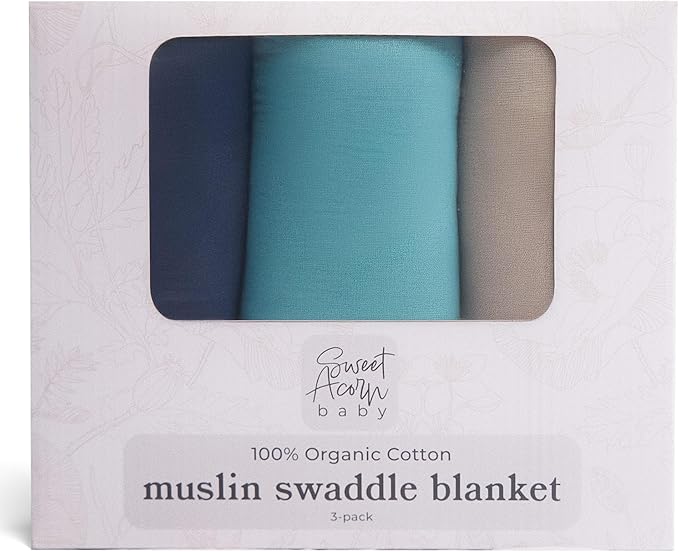 Muslin Swaddle Blanket ??Soft Cotton Muslin Baby Blanket for Newborns, Infants, and Toddlers, All-Season Comfort Baby Essential - Blue, Teal, Grey