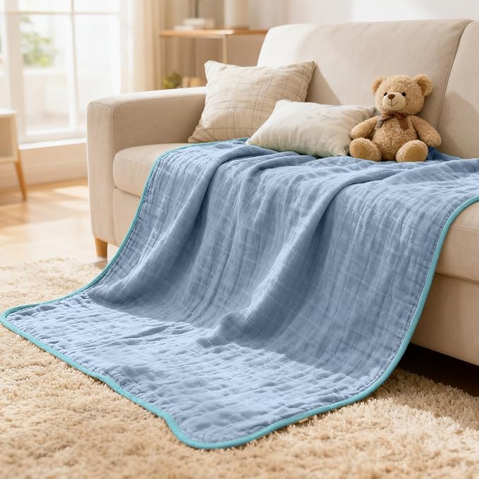 ZPECC Muslin Baby Blanket Thicker, 30x40 Organic Cotton Newborn Receiving Quilt Hypoallergenic for Baby Essentials Swaddle Crib Stroller, Blue