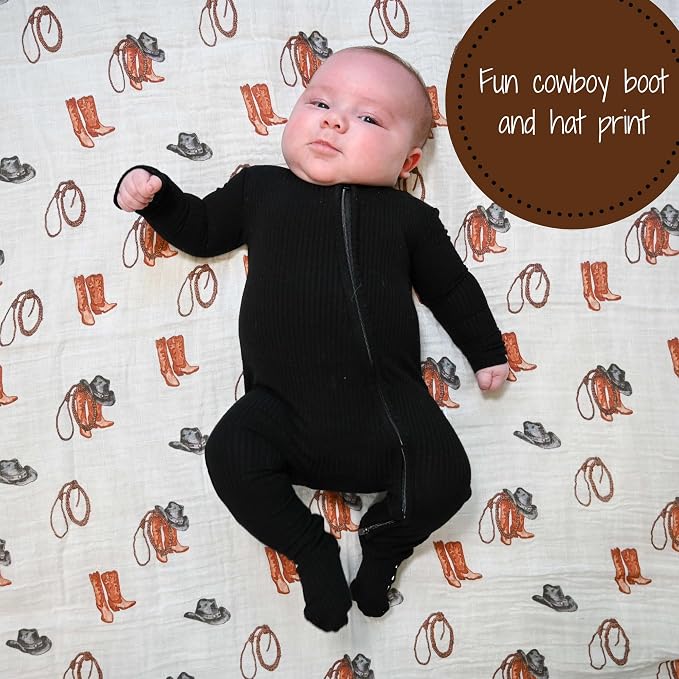 LollyBanks Baby Blanket for Boys, Large 47 x 47 Inches Soft Muslin Swaddle Blankets, 100% Cotton Breathable and Lightweight Baby Receiving Blankets, Baby Essentials, Registry (Cowboy Boot Print)