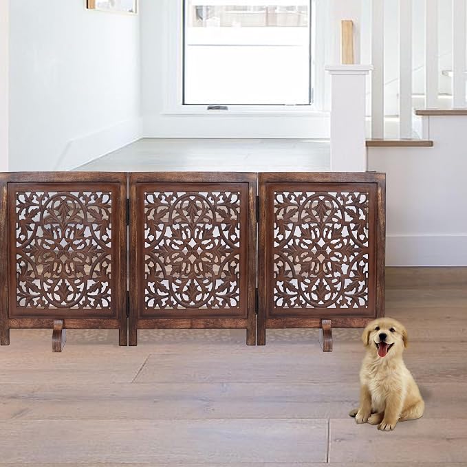 Free Standing Dog Gate – 3 Panel Foldable Wooden Pet Gate Indoor, 60" W x 24" H, Decorative Hand-Carved Wood & MDF Pet Fence for Doorways,Stairs, Portable Indoor Dog Barrier,Natural Burnt Daisy Design