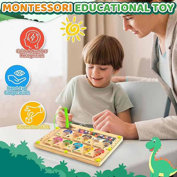 Busy Board Travel Toys for Toddlers Kids Wooden Montessori Toys Magnetic Color and Number Maze Puzzle, Dinosaur Learning Education Toys for Fine Motor Skills, Easter Basket Stuffers (Small)