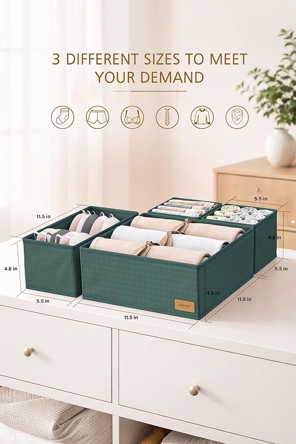 Clothes Organizer, Transform Your Drawers in Seconds - Green Set of 6 Foldable Storage Boxes with Zipper, Durable 600D Fabric, Includes Fragrance Sachets, Ideal for Underwear, Socks, Baby Clothes