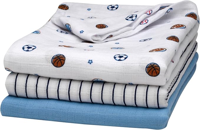 3 Pack Cotton Muslin Swaddle Blankets for Baby, 40" x 36", Lightweight, Breathable, Blue, (All Sports)