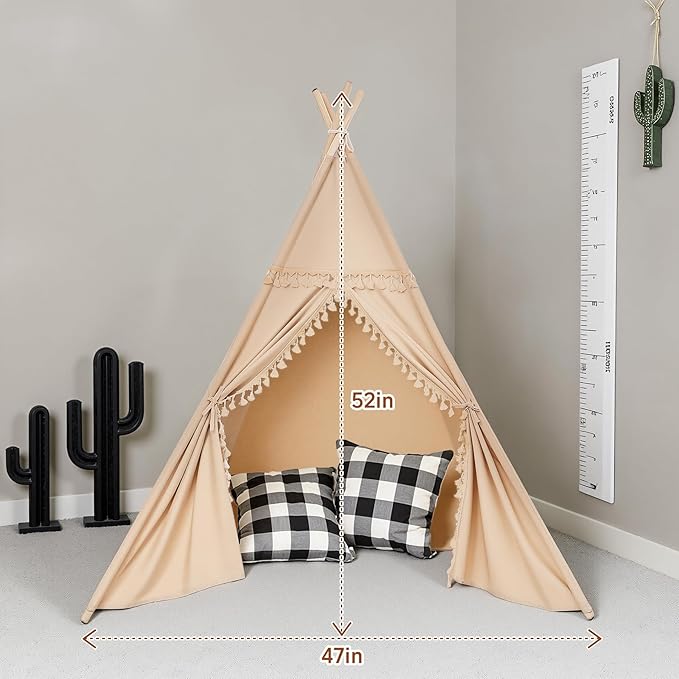 Sumbababy Kids Teepee Tent Indoor, Washable Cotton Canvas Play Tent with Tassel Trim, Foldable Toddler Tent for Girls & Boys Sleepover Party, Gift Set with Star Lights, Banner & Carry Bag, Khaki