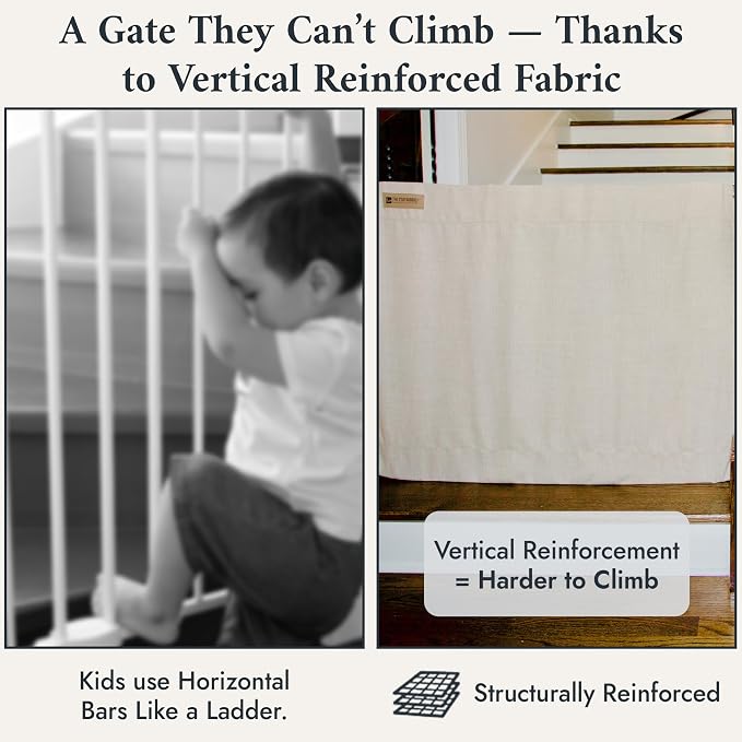 The Stair Barrier First Fabric Banister to Banister Baby Gates for Stairs 42”–52” Wide x 32” Tall– No Drill Baby Gate for Top or Bottom Staircase, Machine-Washable Climb Proof, Designed in USA, Grey