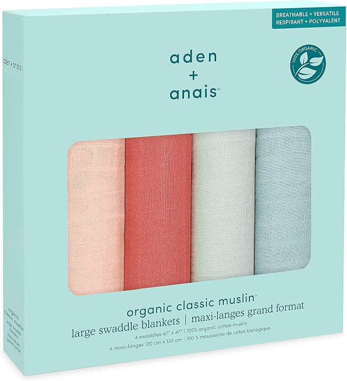 aden + anais Boutique Organic Swaddle Blanket 4-Pack – 100% Organic Cotton Muslin, Large, Soft, Breathable Receiving Blankets for Infants – Lightweight Multi-Use Baby Swaddles, Mother Earth