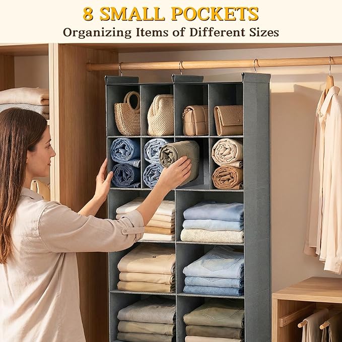 Ofiray-home 5 Tier Hanging Closet Organizer, 14 Compartments Sweater Organizer for Closet with 3 Sturdy Hooks, Closet Organizers and Storage, Wardrobe, Rv, Garment Rack, Grey