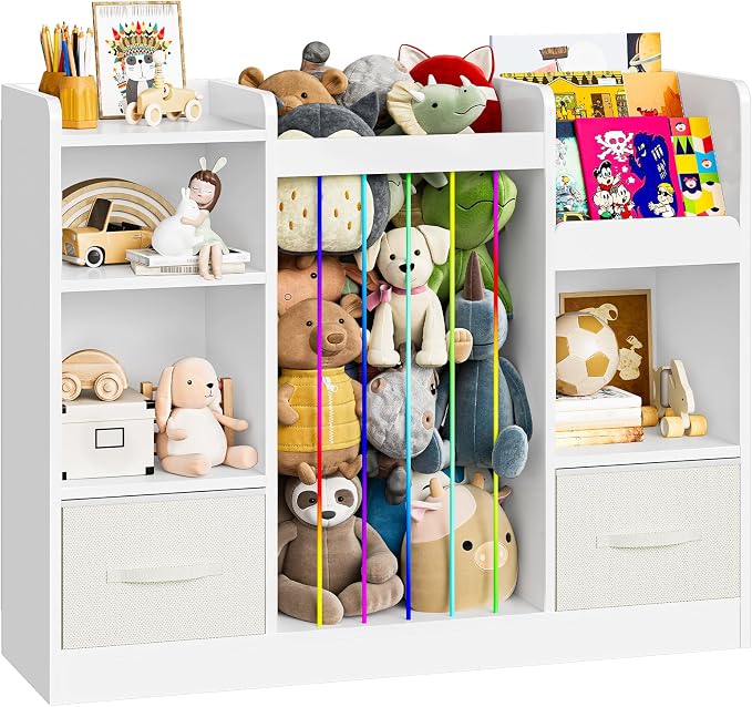 HOOBRO Toy Storage Organizer with Stuffed Animal Storage, 4-in-1 Toy Organizer & Stuffed Animal Zoo with Removable Drawers and 5 Cubes, Book Shelf for Kids Room, Playroom, Nursery, White WT36CW01