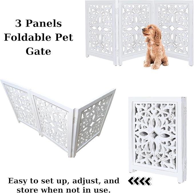 Lightnpro Foldable Carved Wooden Dog Gate - Freestanding 3-Panel Pet Barrier for Dogs - Decorative Walk-Over Fence for Stairs, Doorways & Hallways - Portable & Adjustable - Antique White (24x18 Inch)