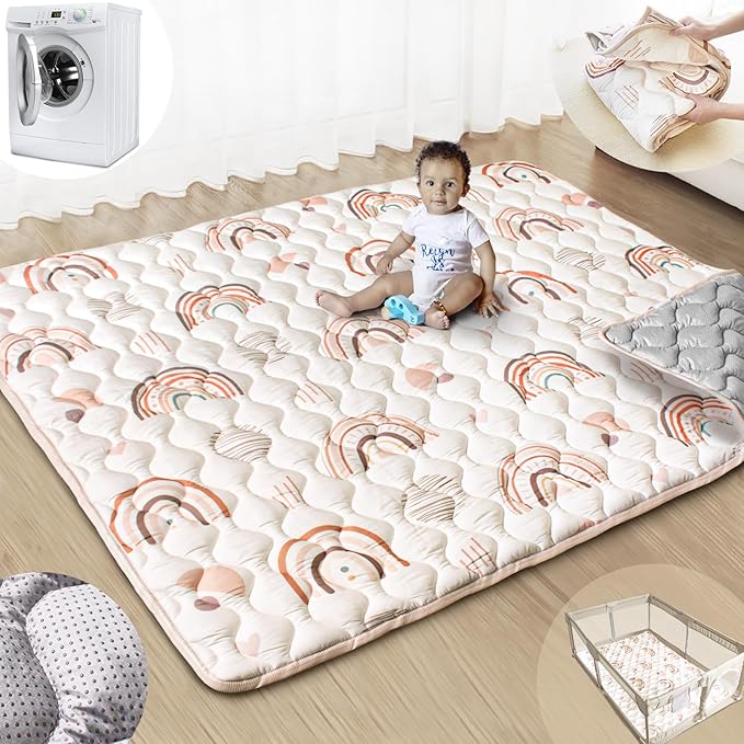 Baby Play Mats for Floor, 71?�x59??Upgraded Thickness & Larger Super Soft Playmat for Babies and Toddlers, Foldable Washable, Upgrade Anti-Slip Crawling Mat for Playpen(Boho Rainbow)