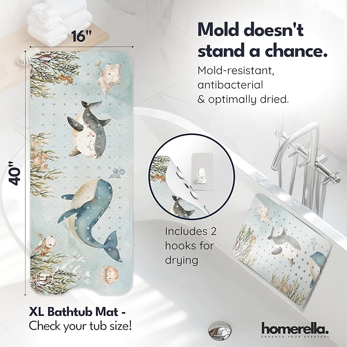 Bathtub Mat Non Slip Anti Mold for Kids 40x16 - homerella® Bath Mat for Tub, BPA Free, Incl. 2 Hooks, Washable Shower Mat Non Slip Anti Mold, Shower Mats for Inside Shower, EU Certified