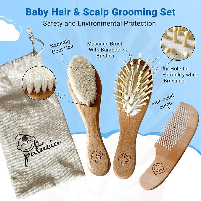 Infant Hair Brush and Comb Set for Newborns and Toddlers - Natural Wooden Hairbrush with Soft Goat Bristles for Cradle Cap - Perfect Scalp Grooming Massage for Baby Registry Gift