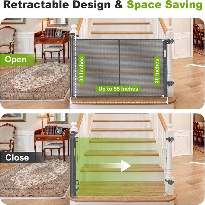 Retractable Baby Gate for Stairs & Banister, 55" Wide Mesh Dog Gate, One-Handed Dual Lock Safety Gate for Kids & Pets, Fits Round & Square Posts (Gray)