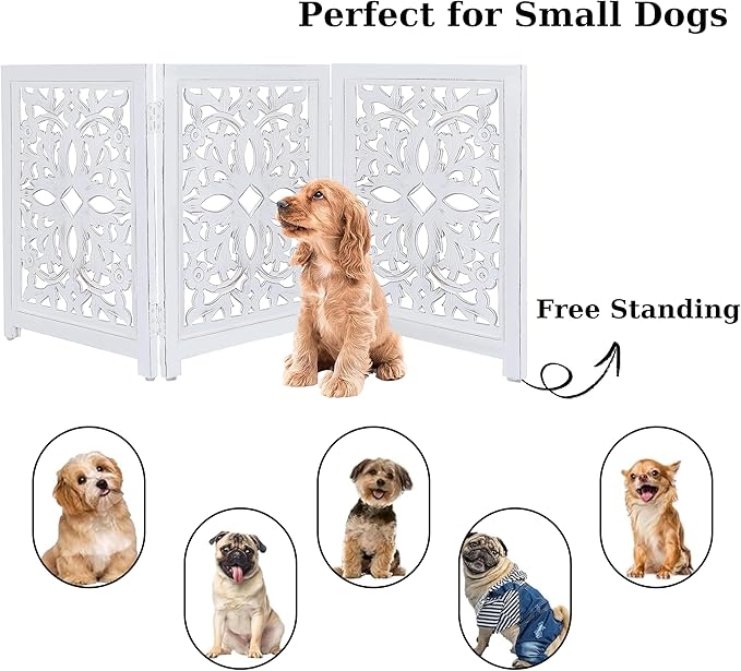 Lightnpro Foldable Carved Wooden Dog Gate - Freestanding 3-Panel Pet Barrier for Dogs - Decorative Walk-Over Fence for Stairs, Doorways & Hallways - Portable & Adjustable - Antique White (24x18 Inch)