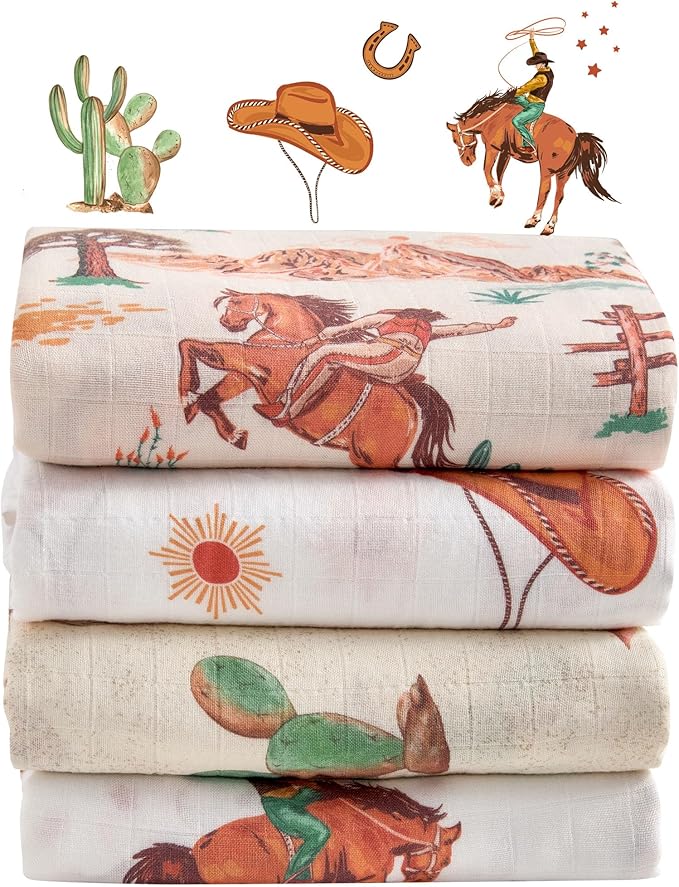 Muslin Swaddle Blankets for Newborn, 4 Pack Large 47"x47" Soft Breathable Bamboo Cotton Baby Blanket, Lightweight Receiving Blanket for Boys and Girls, Wild West Adventure