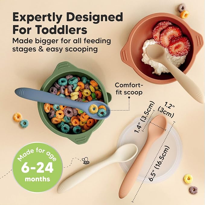 KeaBabies 6-Pack Silicone Baby Spoons and 3-Pack Waterproof Baby Bibs for Eating - Toddler First Food Training Spoon, Lightweight Boys & Girls Bib with Food Catcher