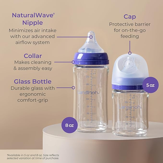 Lansinoh Anti-Colic Glass Baby Bottles, 5 Ounces, 4 Count Bottles for Feeding, Baby Essentials, Includes 4 Extra Slow Flow Nipples, Size XS
