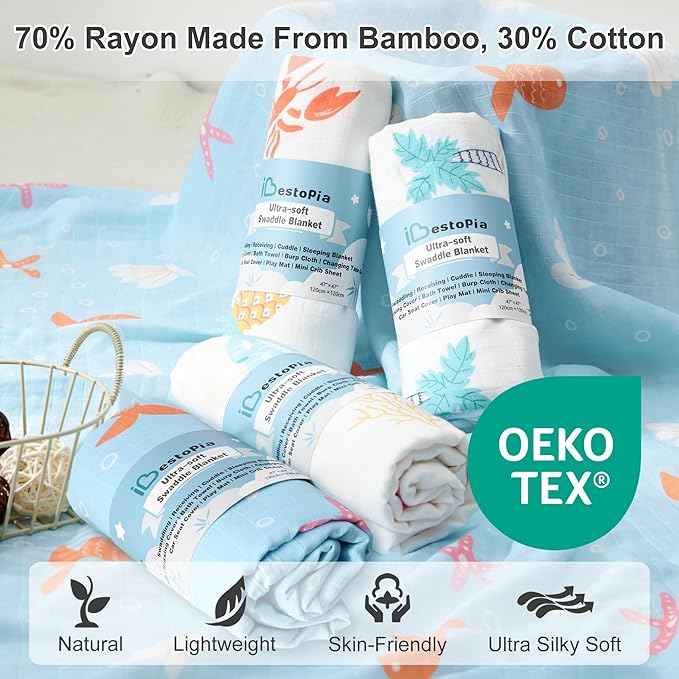 Muslin Swaddle Blankets for Newborn, 4 Pack Large 47"x47" Soft Breathable Bamboo Cotton Baby Blanket, Lightweight Receiving Blanket for Boys and Girls, Ocean Adventure