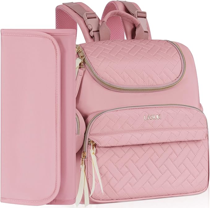 Diaper Bag Backpack, 22L Large Quilted Small Baby Bag with Changing Pad & Pacifier Case, Stroller Hooks, Easy-Access Baby Essential, Maternity Travel Backpack Unisex, Pink