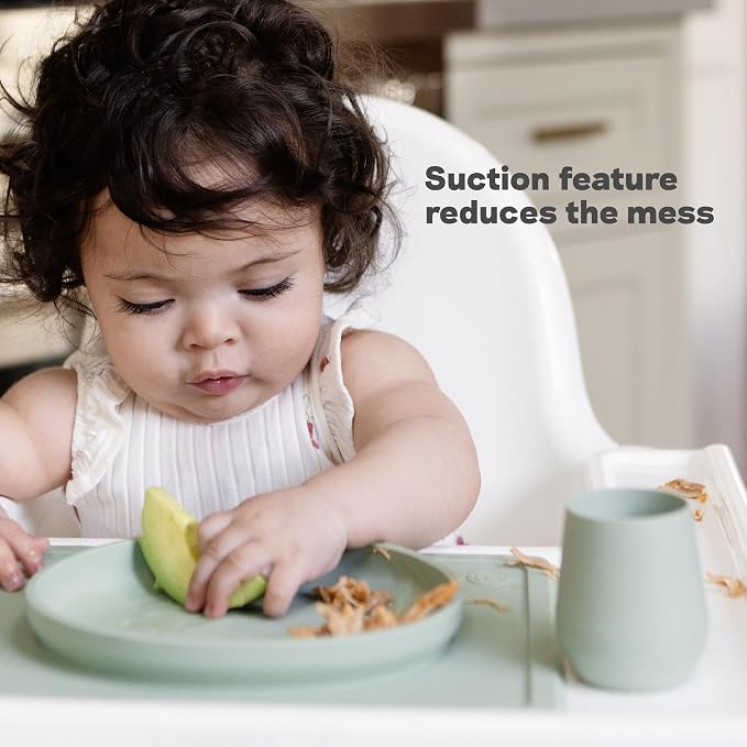 ezpz Tiny Plate (Blue) - 6 Months+ - 100% Silicone Suction Placemat + Plate for Infants - Fits on Most Highchair Trays - Baby Led Weaning Supplies