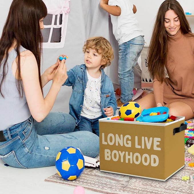 Long Live Boyhood Boys Storage Bins Box with Handles, Yellow Pattern Collapsible Basket Organizer for Kids Teen Boy Nursery Room Bedroom Bathroom Playroom Toys Books Clothes
