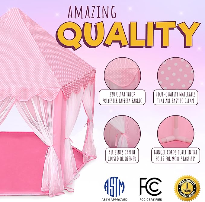 Orian Princess Tent for Girls - Kids Play Tent Indoor & Outdoor with Rug, Pink Toddler Castle Playhouse for Ages 2-7, 55??x 53?? Children?™s Toys and Gifts