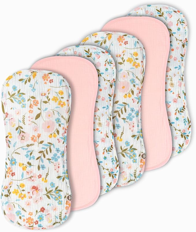 Muslin Burp Cloths for Baby Girl Set, 6 Pack 20"x9" 100% Cotton Burp Cloths Baby Girl, Large Absorbent Burping Cloth for Babies, Soft Muslin Baby Washcloths, Nursery Gift Set Pink Floral Design
