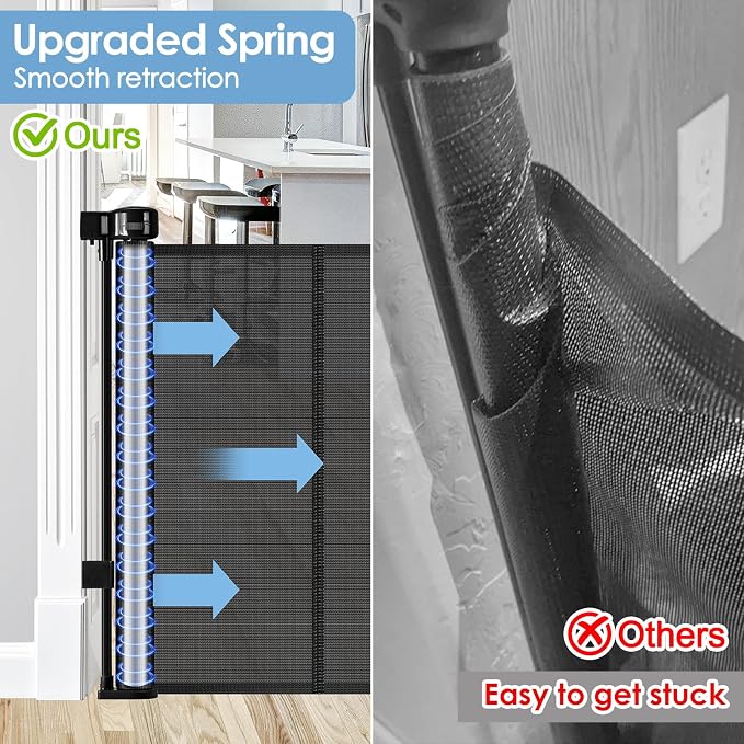 Reinforced Retractable Baby Gates with Support Rods, Extends up to 55” Wide, Retractable Dog Gate for Doorways Prevent Bottom Crawling Through, Mesh Pet Gate for Stairs Indoor Outdoor, Black