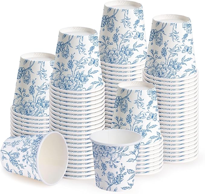 WRAPAHOLIC 3oz Paper Cups - 100 Pack Disposable Bathroom Cups with Toile Blue Floral Design, Small Mouthwash Cup for Toothbrush Rinse, Home Bathroom, Picnic, BBQ, Travel and Party