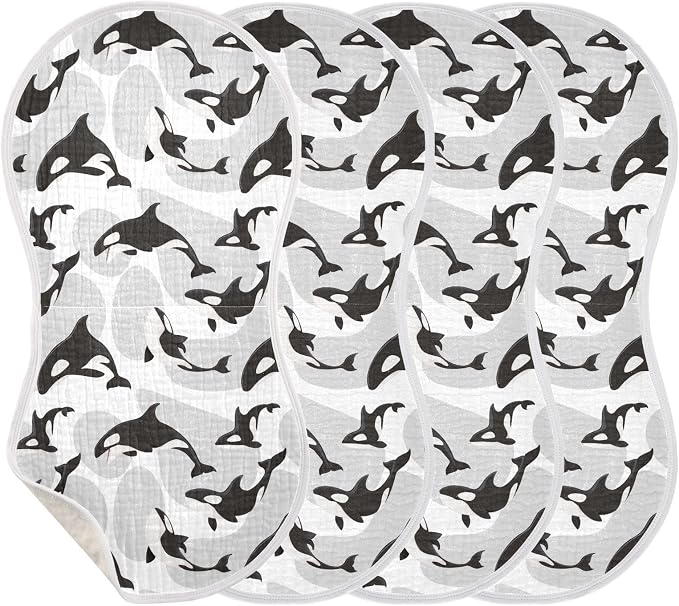 Muslin Burp Cloths for Baby Boys and Girls - 4-Pack Ultra Absorbent Killer Whale Orca Muslin Washcloths, Newborn Towel, Milk Spit Up Rags, Burp Cloth Bib for Unisex, 22 x 11 Inch