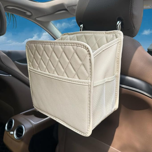Witaxima Upgrade Car Seat Organizer Backseat with Storage Pockets, Multipurpose Car Organizer Hanging, Car Trash Bag Can,Premium PU Leather Garbage Can 2.14 Gallon Large Capacity Accessories Beige