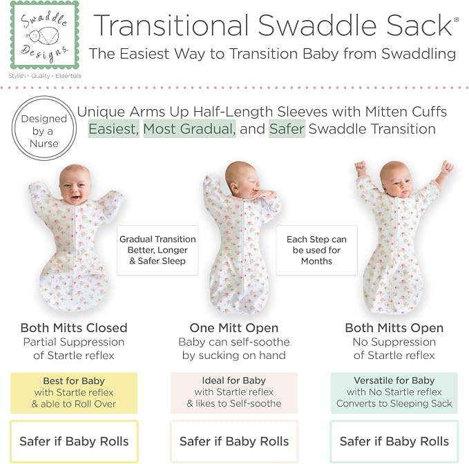 SwaddleDesigns Transitional Swaddle Sack, Arms Up Half-Length Sleeve Mitten Cuff, Most Gradual Transition Swaddle for Newborn