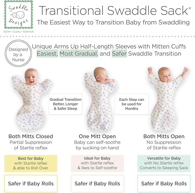 SwaddleDesigns Transitional Swaddle Sack, Arms Up Half-Length Sleeve Mitten Cuff, Most Gradual Transition Swaddle for Newborn