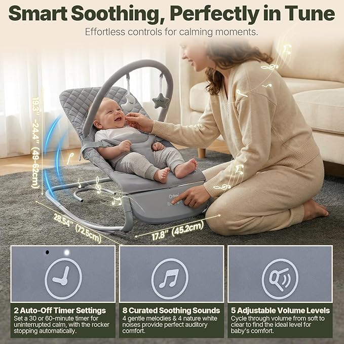 Orzbow Electric Baby Rocker & Toddler Chair, 3-Speed Auto-Rock, Up to 40lbs | Timer 30/60Min, 8 Soothing Melodies, 3 Recline Positions, 5 Volume Levels, Battery or Plug-In Powered, Machine-Washable Cover