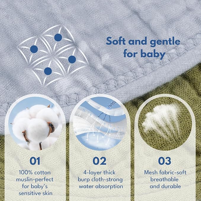Muslin Burp Cloths with Snaps,Multi-Use Burpy Bib 100% Cotton for Spit Up & Drool,Large 22"X11" Extra Absorbent Burping Cloth for Newborn Boys Girls Essentials,Green