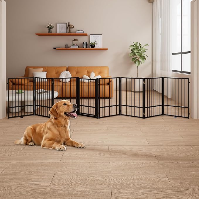 8 Panels Full Metal Freestanding Dog Gates with Door, 160” W x 32” H Folding Pet Gate Fence with Support Feet for Indoor,Stairs, Hallways and Doorways(Black)