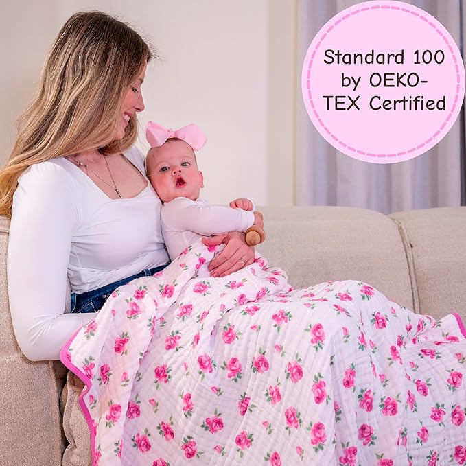 LollyBanks Muslin Baby Quilt, 100% Organic Cotton 6-Layer Soft Baby Blanket for Girls, Large 47 x 47 Inches Infant Receiving Blanket, Durable Toddler Quilt, Cozy Newborn Blankets (Rosebud Print)