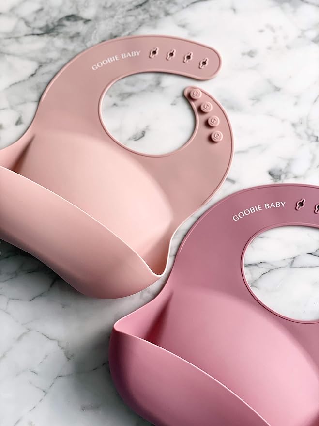 Goobie Baby Silicone Baby Bib with Food Catcher - Adjustable Waterproof Feeding Bib for Babies & Toddlers 4 to 36 Months for Girl and Boy - Modern, Soft, Easy to Clean (2 Pack - Blush/Rose)